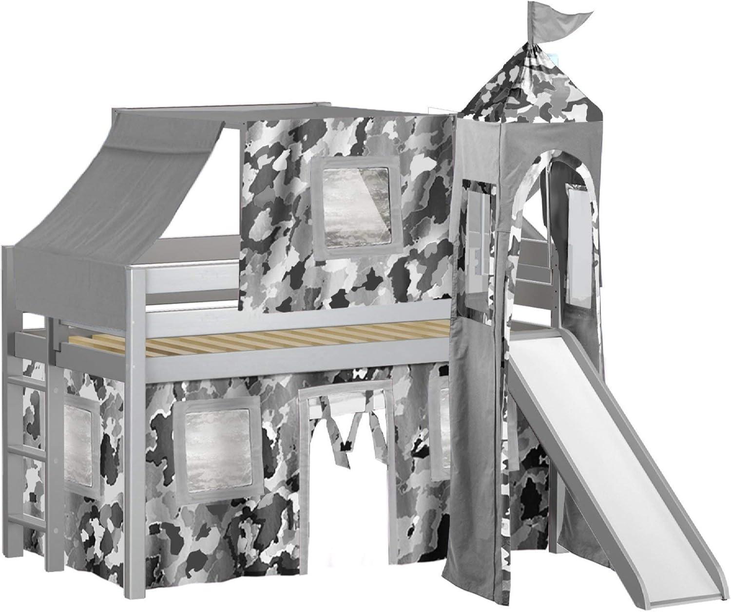 Jackpot Castle Low Loft Bed with Slide Gray Camo Tent and Tower, Twin, Gray