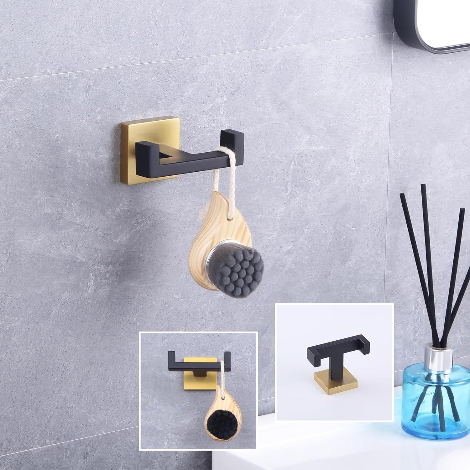 Bathroom Wall Mounted Dual Towel Hook in Black and Gold