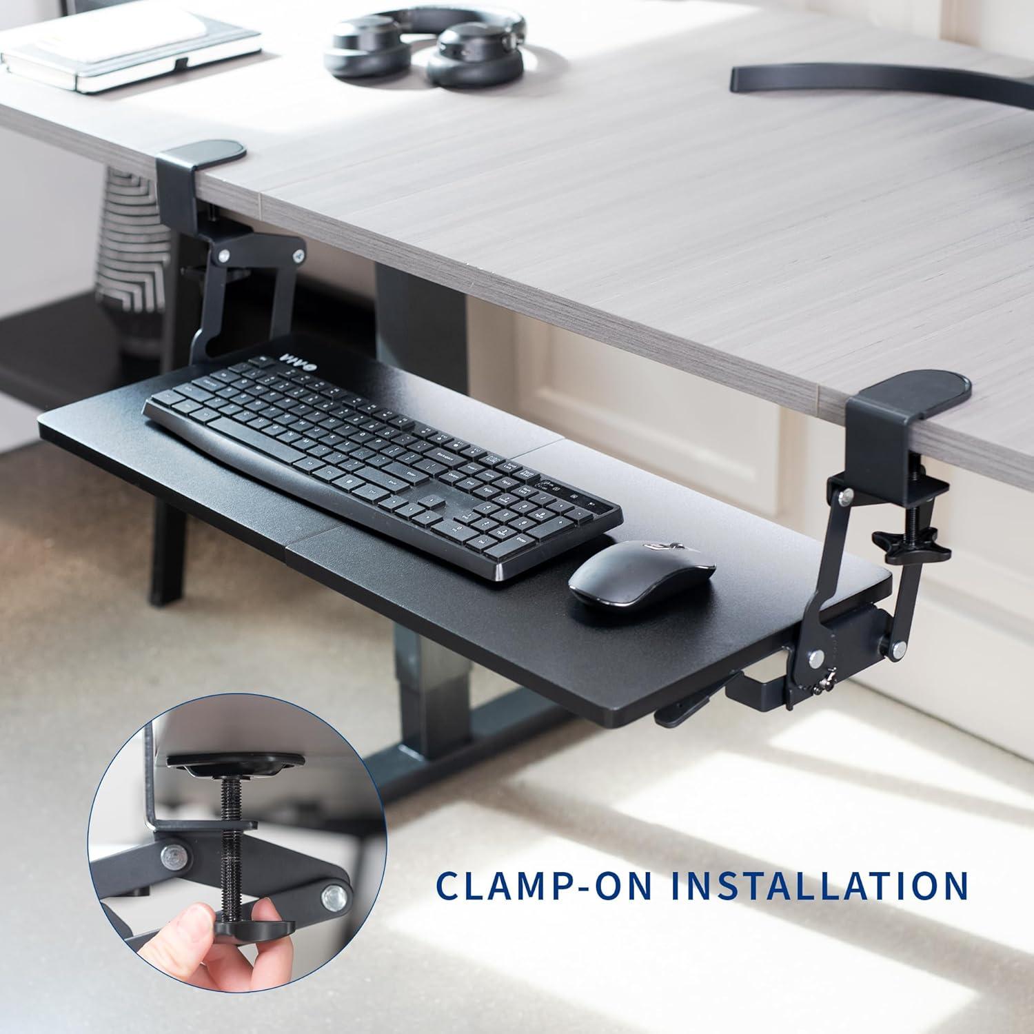 Black Adjustable Clamp-On Keyboard Tray with Swinging Height Adjustment