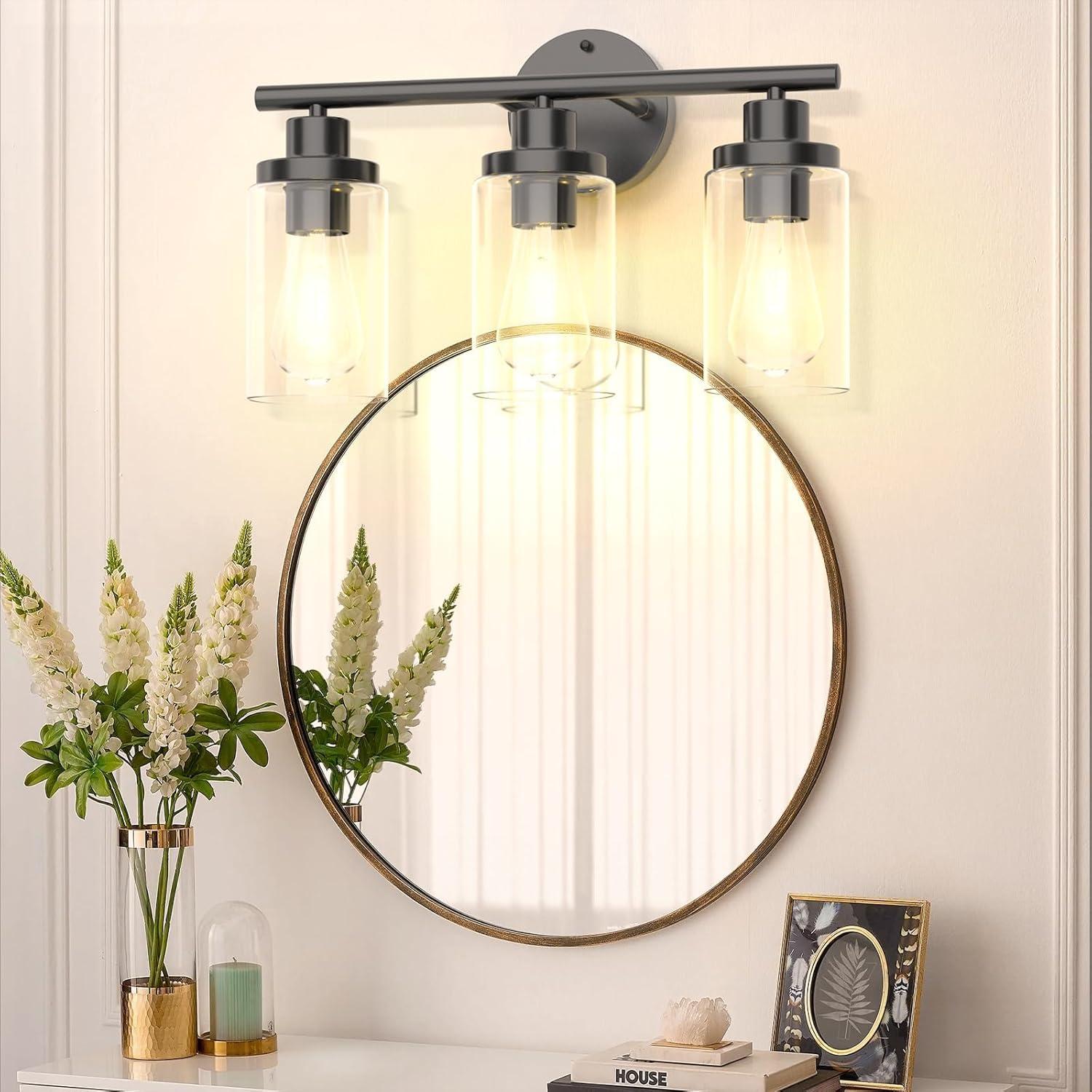 Modern Black 3-Light Vanity Fixture with Clear Glass Shades