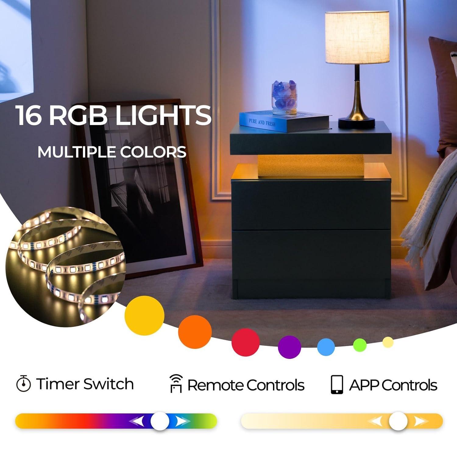 Nightstand Set of 2 LED Nightstand with 2 Drawers, Bedside Table with Drawers for Bedroom, Side Bed Table with LED Light, Black
