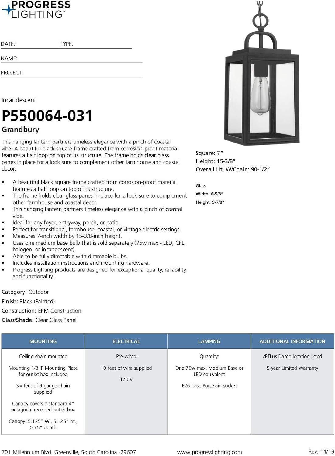 Progress Lighting Grandbury 1-Light Outdoor Hanging Lantern, Black, Clear Glass, DURASHIELD