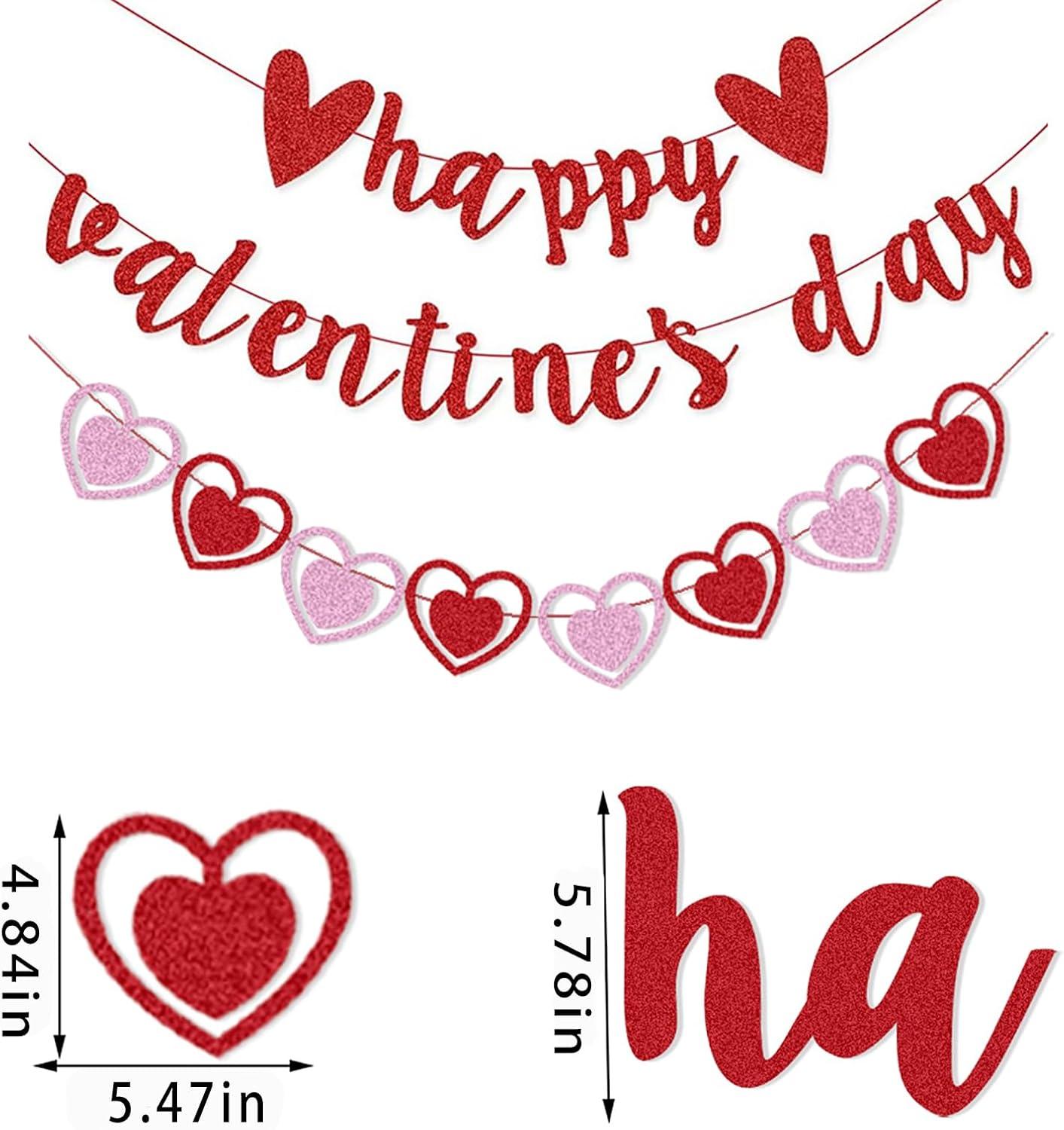 Glittery Heart Valentine's Day Banner, Red & Pink Sparkling Hollow Heart Shape DIY Paper Banner for Wedding Decoration