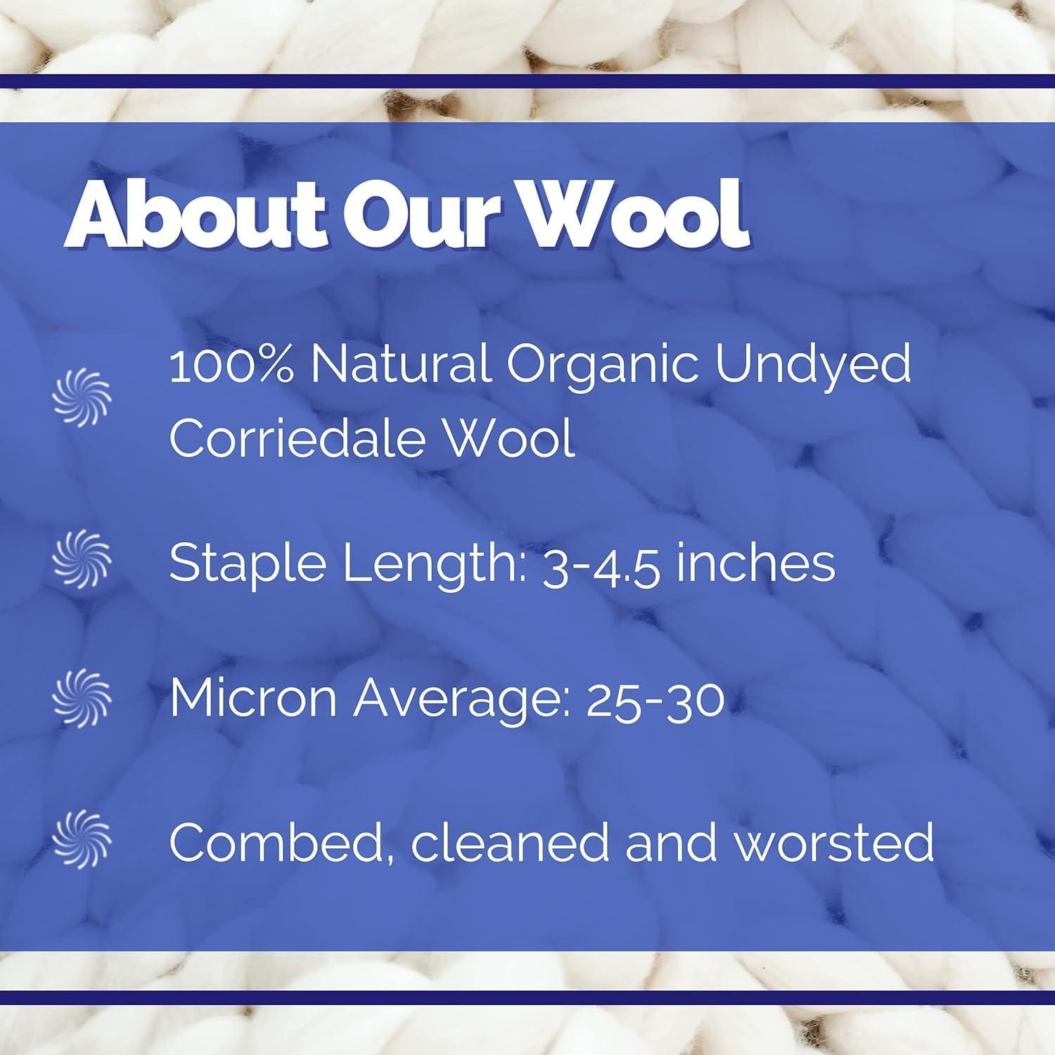 Corriedale Wool Roving 1 lb (16 Ounces) for Spinning | Soft Chunky Jumbo Yarn for Arm Knitting Blanket |100% Natural Undyed (Off-White) Wool Yarn Bulk, Felting Core, Carded Stuffing
