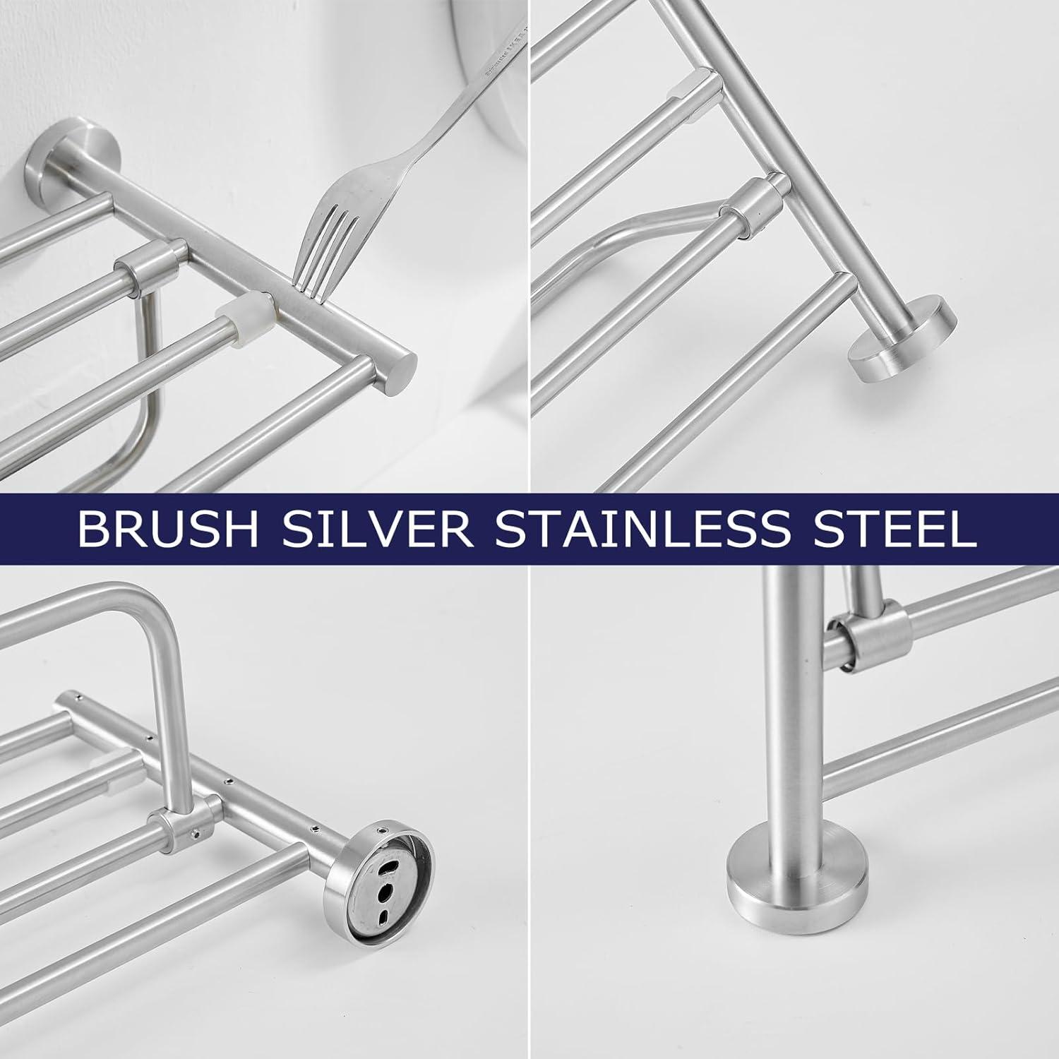 Bathroom Towel Rack，Stainless Steel Towel Shelf with Towel Bar 24-Inch Towel Holder for Bathroom Wall Mounted Towel Storage Organizer for Bathroom & Lavatory（Brushed Silver）