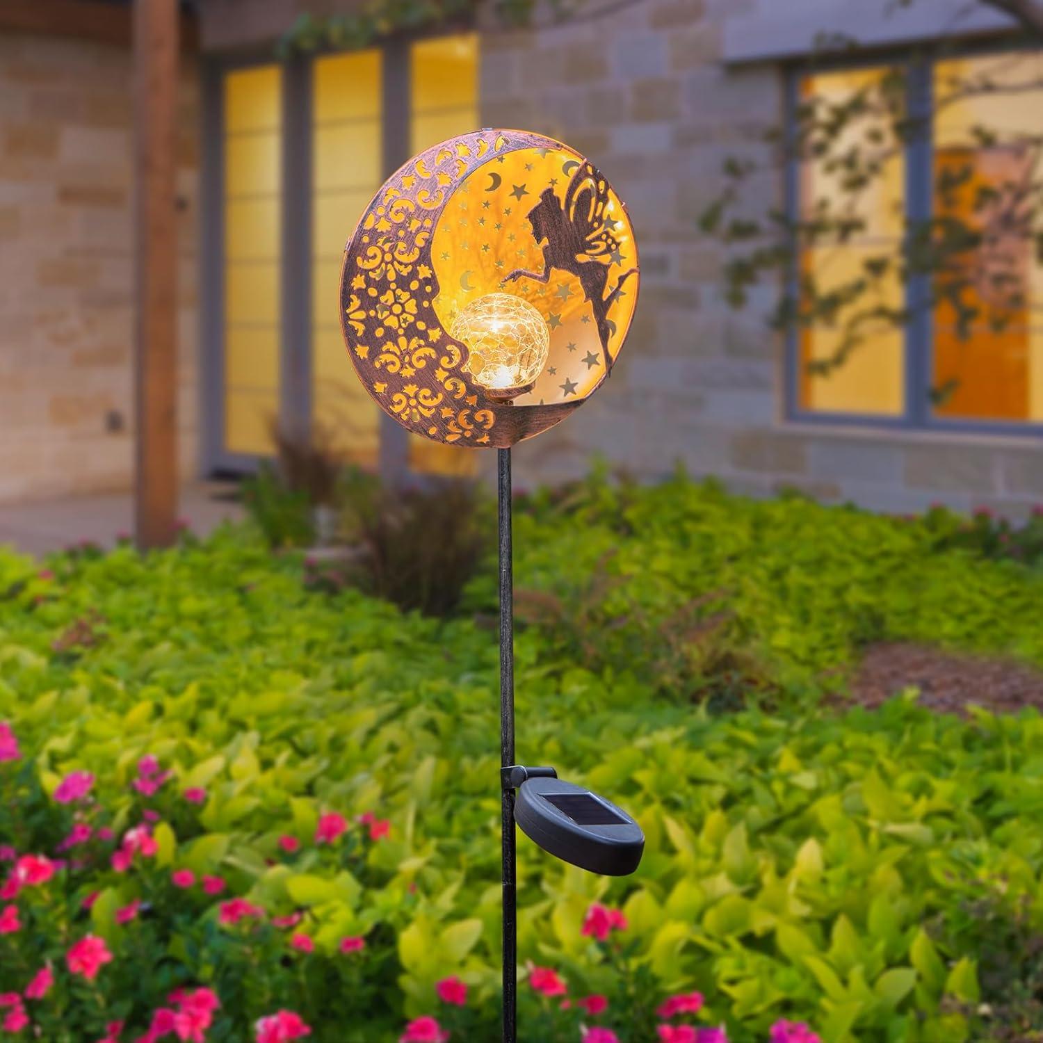 Tryme Solar Fairy Garden Lights - BSL1 Moon Star Glass Globe Pathway Stake, Waterproof Outdoor Decorative Lights for Patio, Yard, Lawn