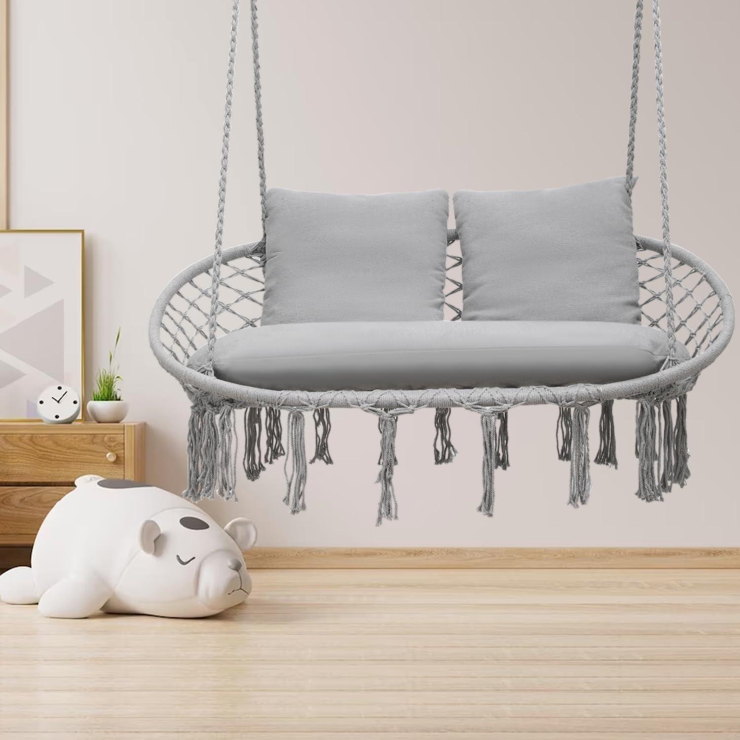 MoNiBloom 2-Person Hammock Chair Macrame Swing with Soft Cushion, Cotton Rope Hanging Chair for Indoor Outdoor Patio Backyard, 700lbs Capacity, Grey