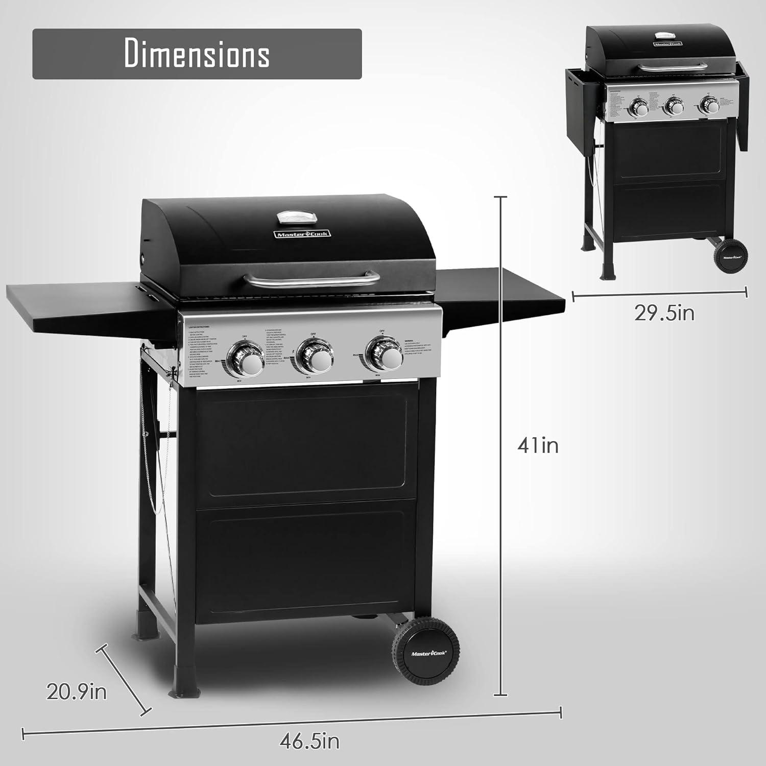 Stainless Steel 3-Burner Propane Gas Grill with Foldable Shelves