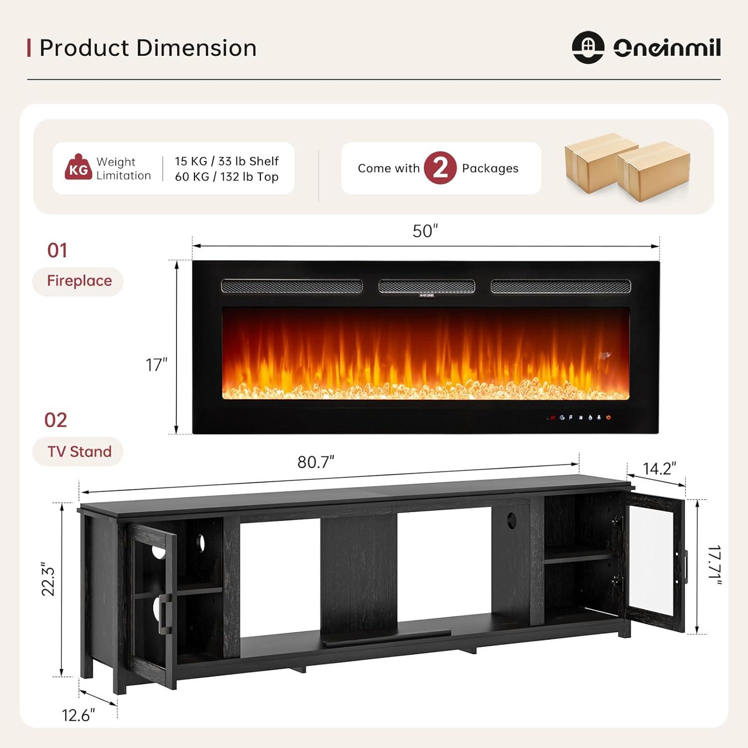 oneinmil Fireplace TV Stand with 36" Electric Fireplace, LED Light Entertainment Center, Modern Wood Texture Entertainment Stand with Highlight Storage Cabinet for TVs Up to 80", 70 inches, Black