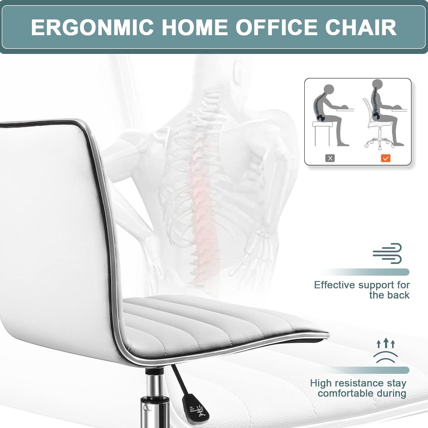 BOSSIN Adjustable Home Office Chair, Mid-Back Armless Ribbed Swivel Task Chair,Vanity Chair for Small Space, Living Room, Make-up, Studying (White)