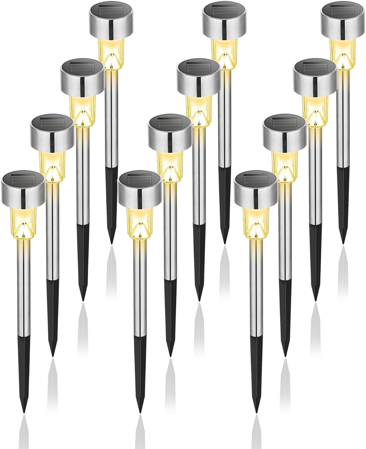 Pack of 12 Waterproof Outdoor Solar Lights, Stainless Steel, Lighting for Patio, Lawn, Yard (Warm White)