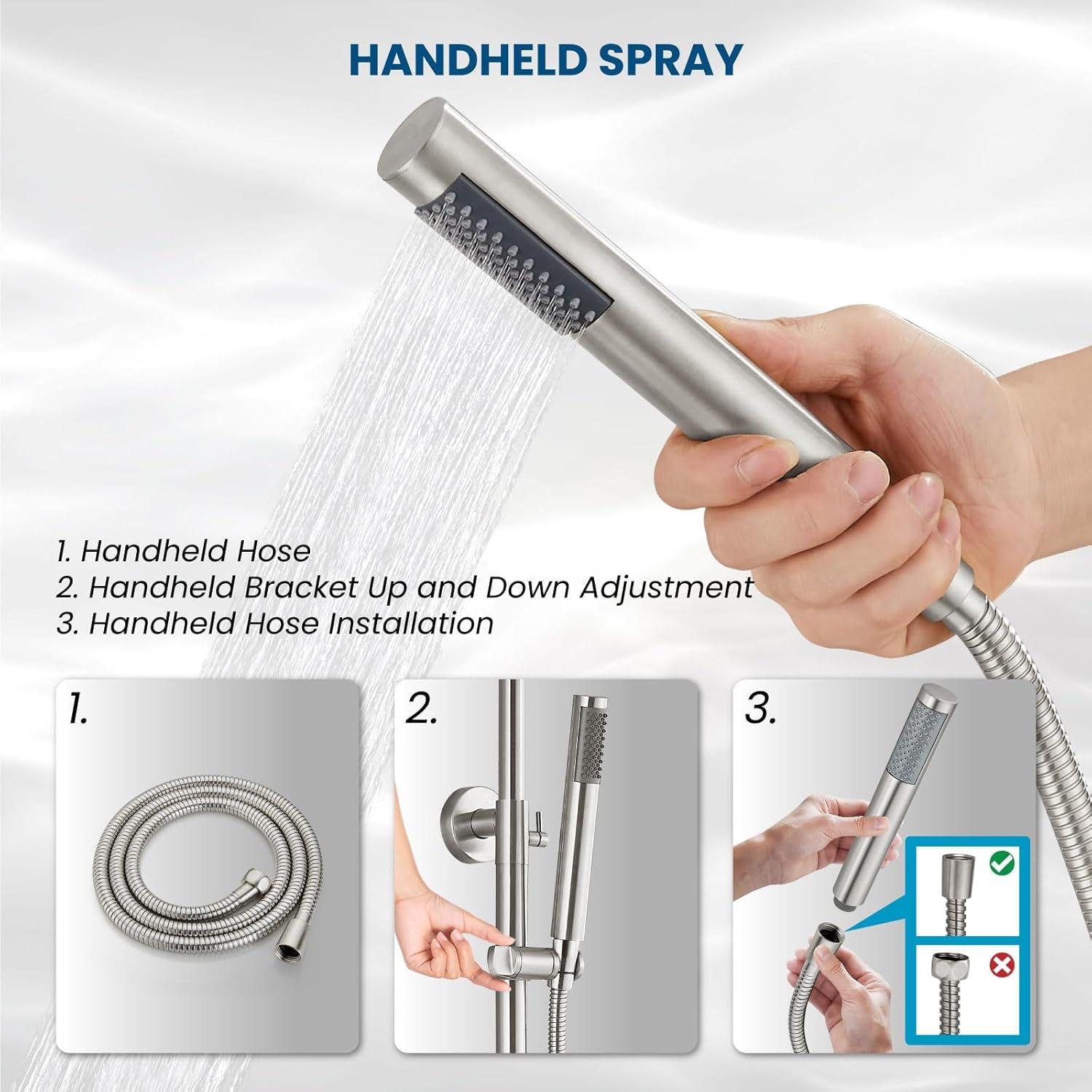 gotonovo SUS304 Outdoor Shower Fixture High Pressure Shower System Combo Wall Mount 2 Dual Function Shower Faucet Set Round Handheld Spray Brushed Nickel Single Handle