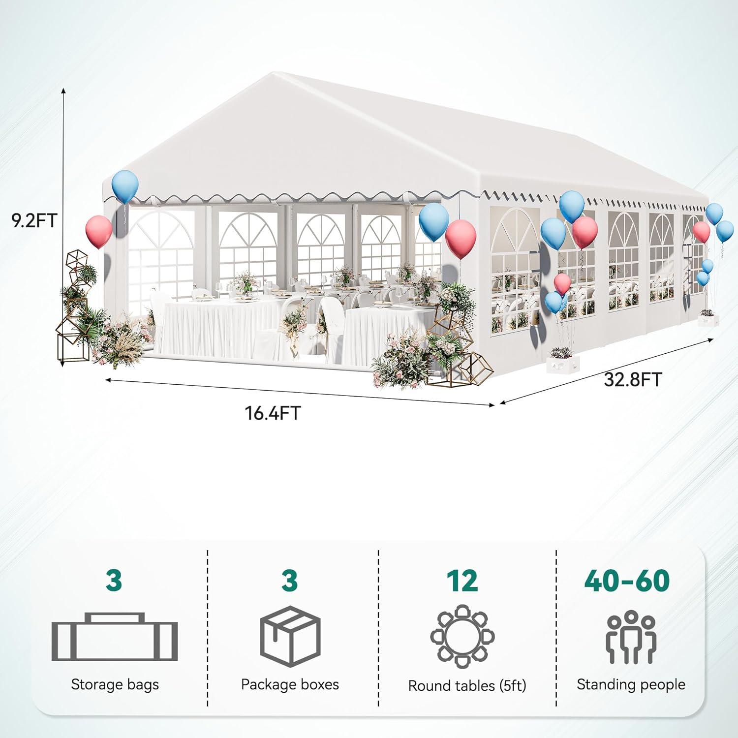 Dextrus 16x32FT Party Tent Heavy Duty PVC Wedding Event Shelters White Upgraded Galvanized Ripple Canopy with Large Roof Removable Sidewalls & 3 Storage Bags 600D Oxford Commercial