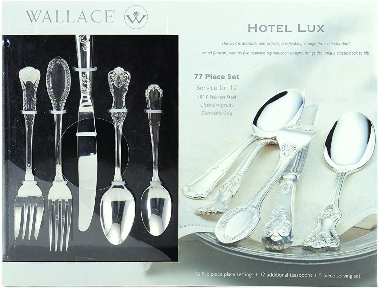 Wallace Wallace Hotel Lux 77-Piece 18/10 Stainless Steel Flatware Set, Silver, Service for 12