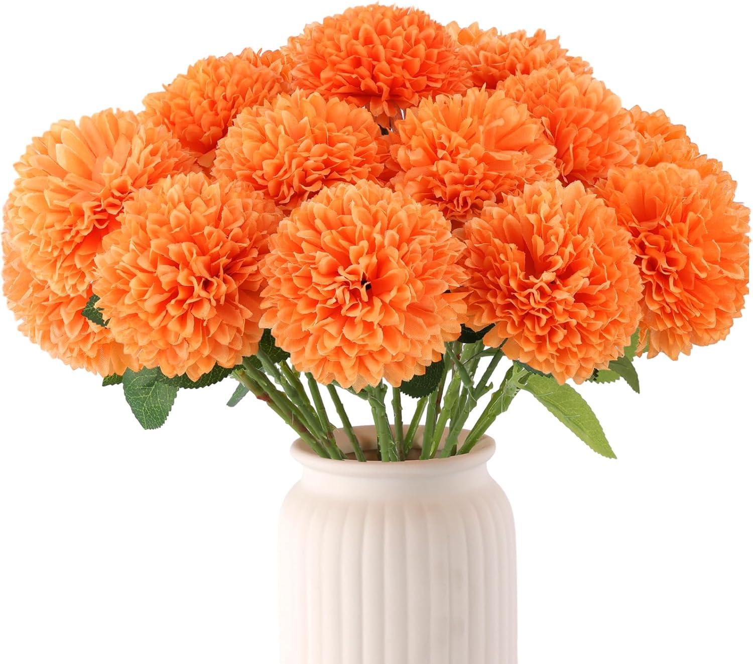 12pcs Orange Fake Flowers 12" Artificial Chrysanthemum Ball Silk Flowers Bouquet for Home Kitchen Wedding Table Arrangement Decorations