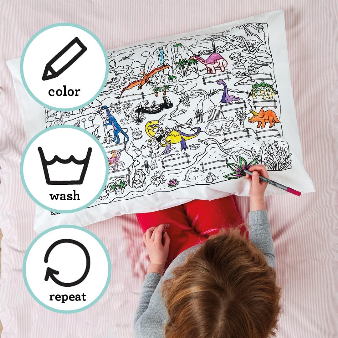 eatsleepdoodle Coloring Cotton Pillowcase with Washable Markers - Dinosaur Color in Activity Craft Kit for Boys and Girls Age 3+