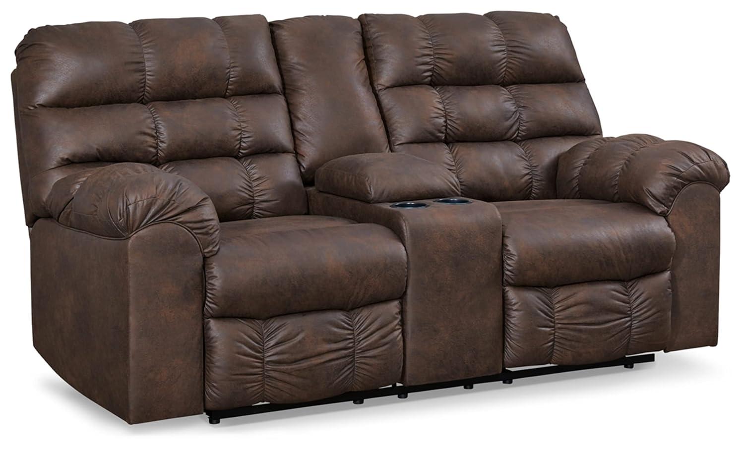 Nut Brown Faux Leather Reclining Loveseat with Cup Holder