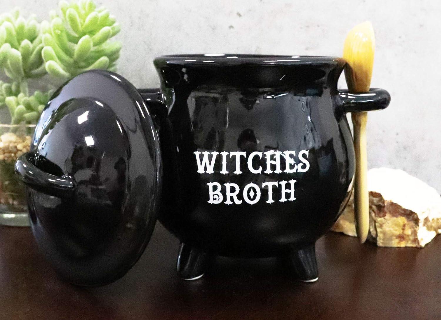 Pacific Giftware Witches Broth Cauldron Ceramic Bowl with Broom Spoon