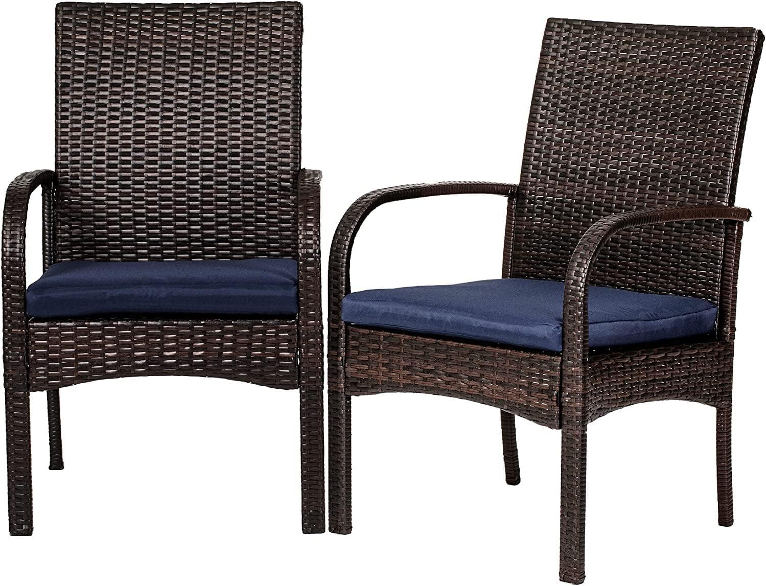 Brown Wicker Outdoor Dining Chairs with Blue Cushions, Set of 2