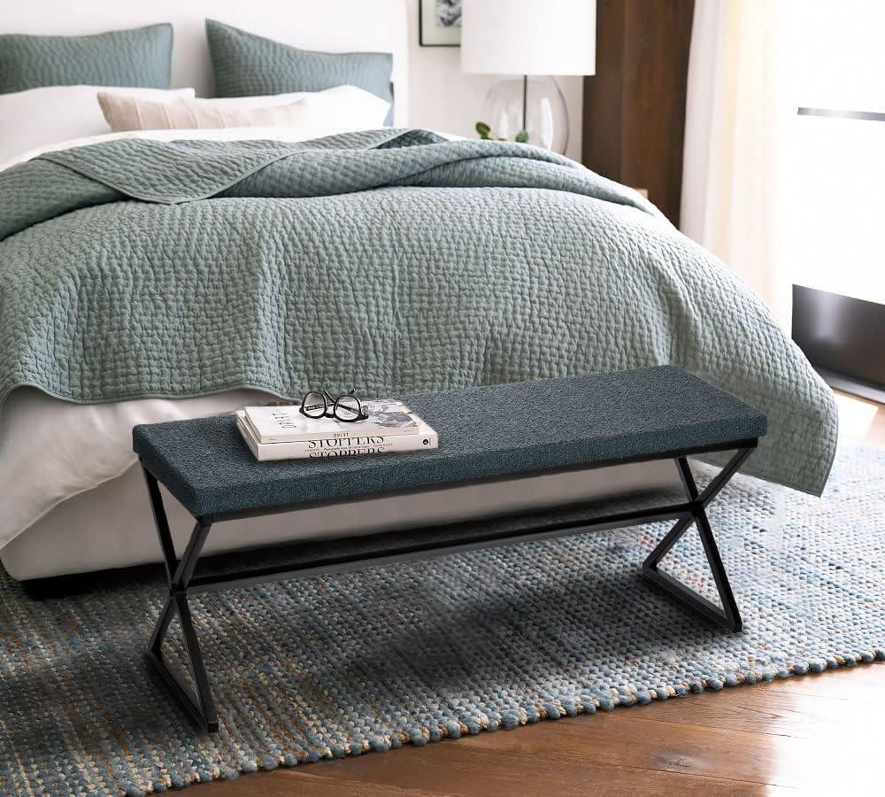 Household Essentials Harper Metal Bench with Boucle Upholstered Cushion, Blue-Grey and Black