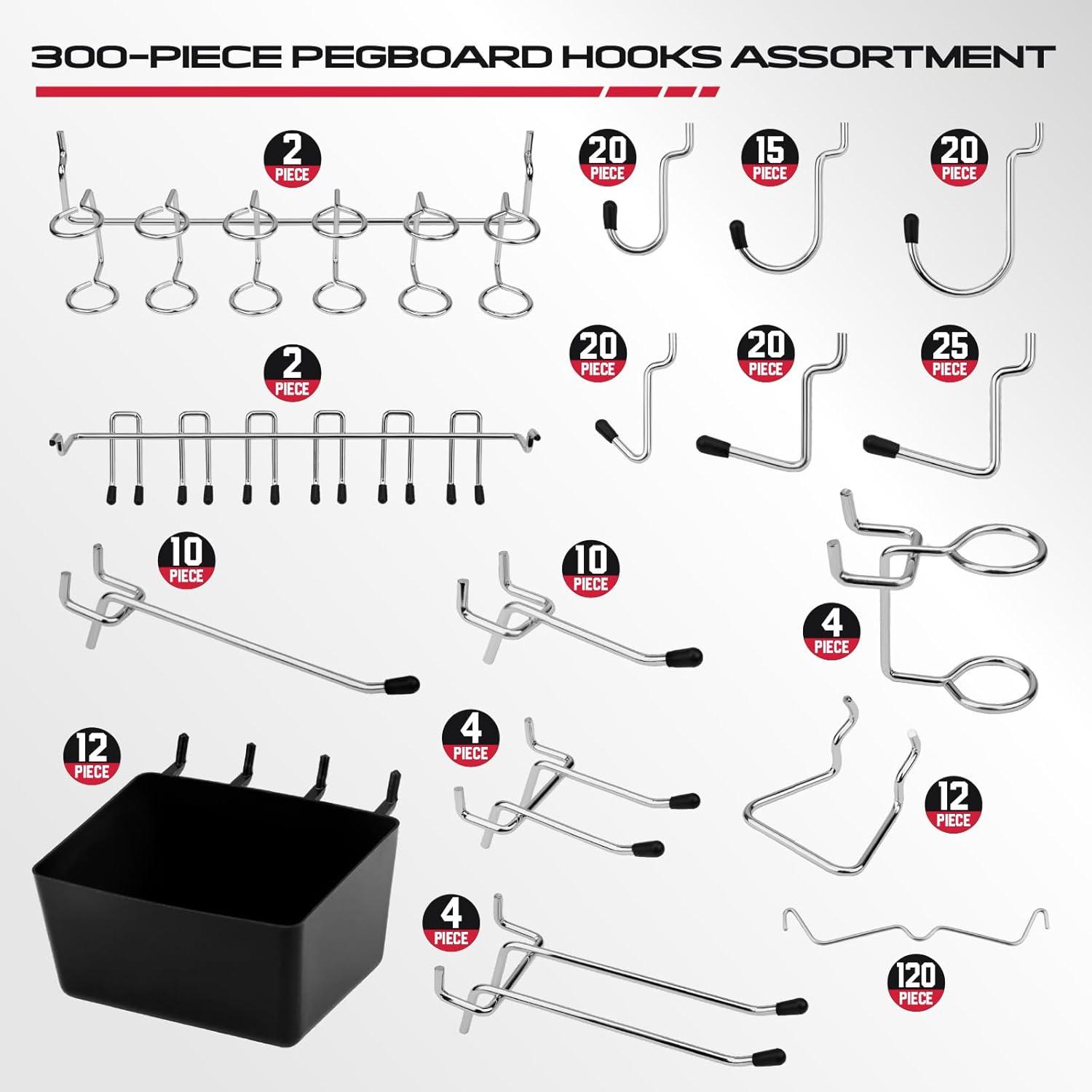300-Piece Pegboard Hook Set, Pegboard Organizer Accessories for Hanging, Durable Metal Hooks for Tool Organization, Garage, Workshop, and Craft Storage