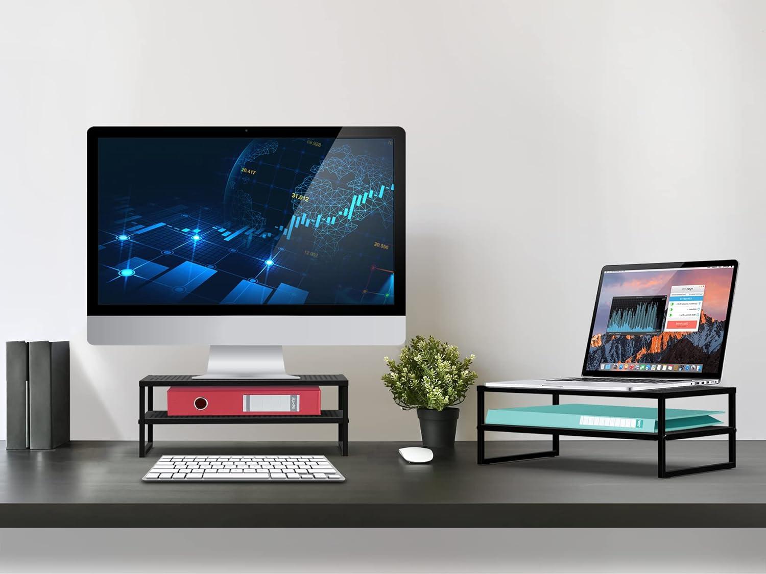 Black Metal 2-Tier Monitor Stand with Perforated Shelves