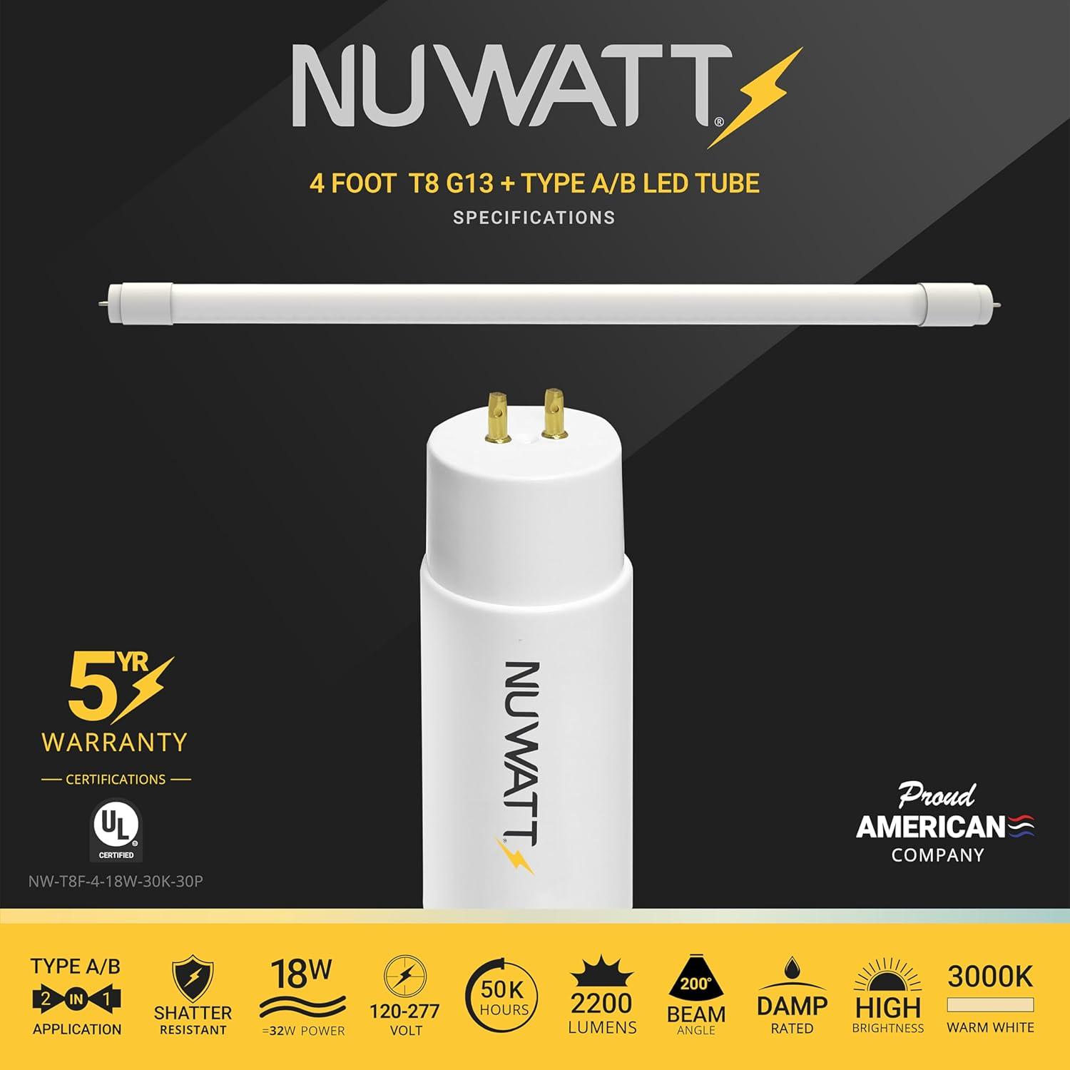 NuWatt 4FT T8 LED Tube Lights A&B Hybrid 3000K warm White, 18W Plug & Play or Ballast Bypass,G5 30PK