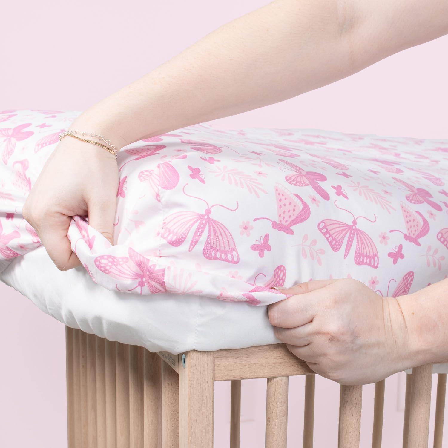 The Peanutshell Pink Butterfly 4-Pack Crib Fitted Sheet Set in Pink/White