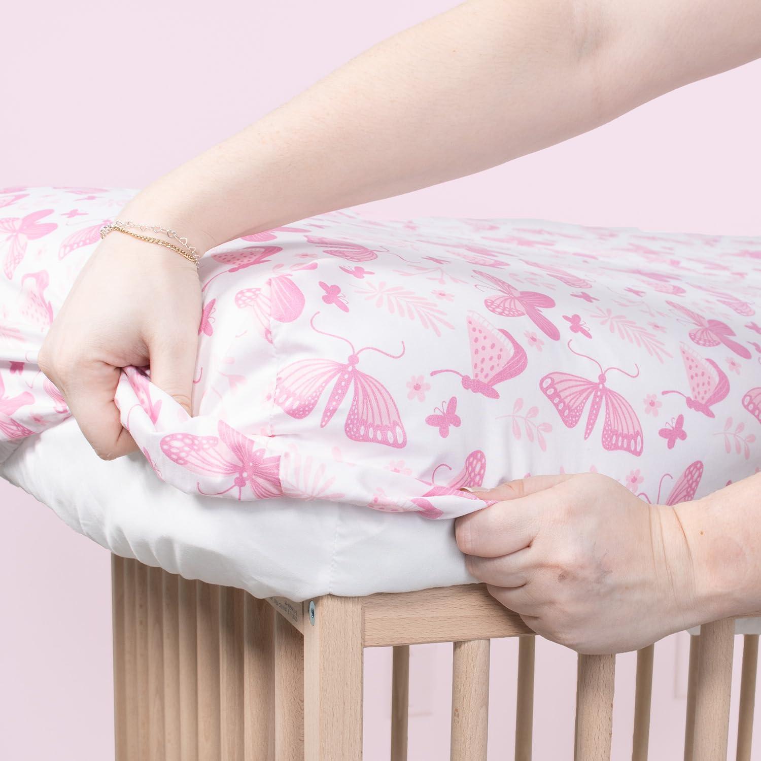 The Peanutshell Pink Butterfly 4-Pack Crib Fitted Sheet Set in Pink/White