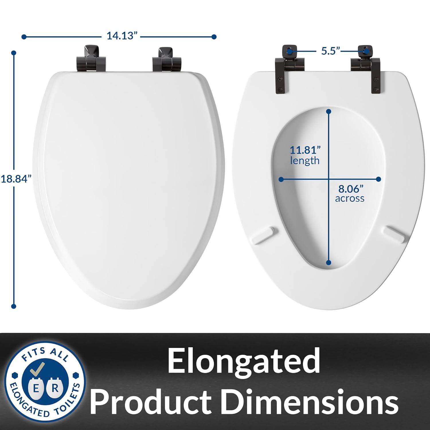 Bennett Toilet Seat with Metal Hinges, Slow Close Wood Seat, Easy Install, Elongated, White