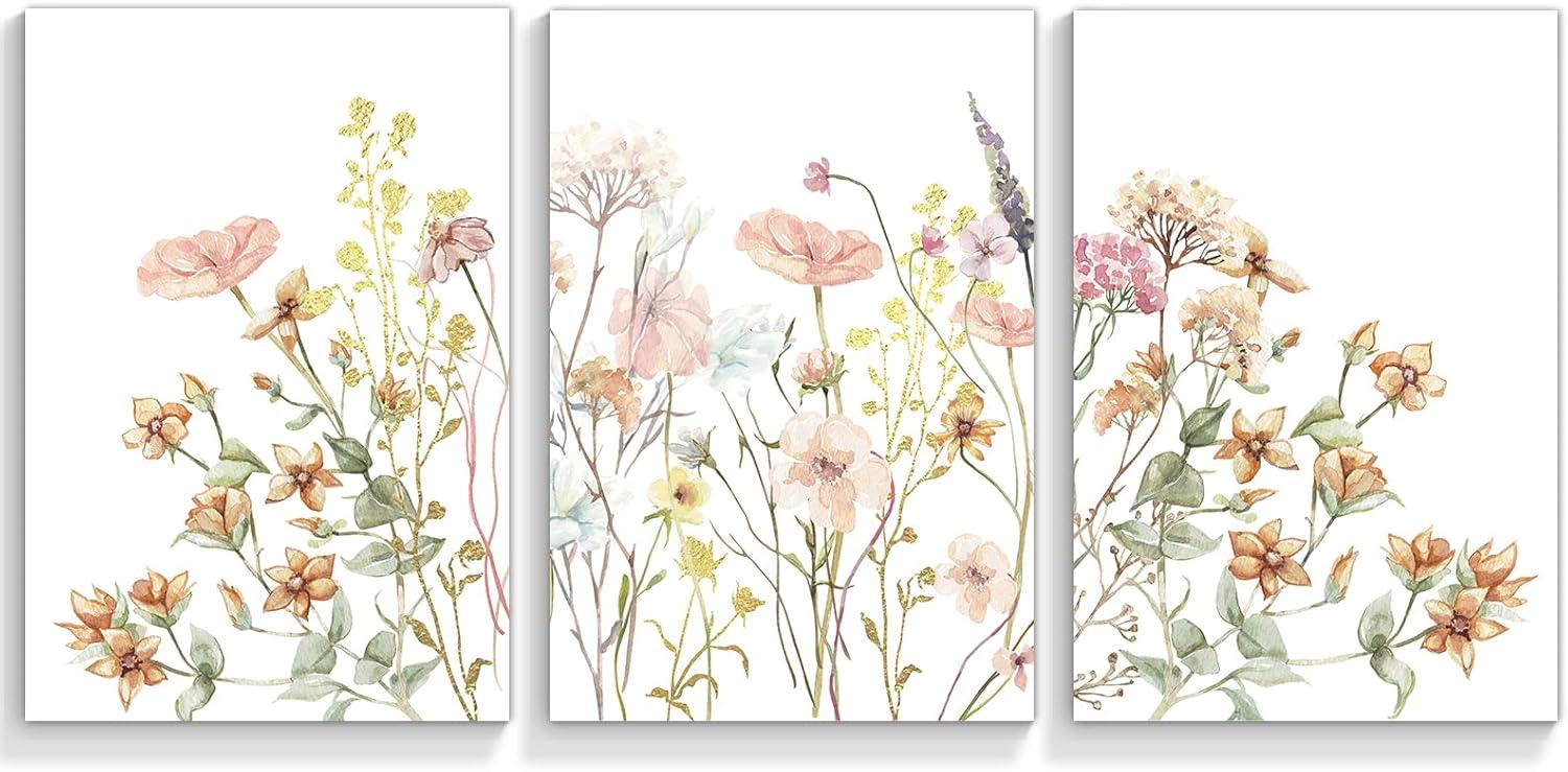 Framed Wildflower Wall Art Canvas Prints Plant Watercolor Floral Poster Set of 3 Colorful Botanical Rustic Painting Farmhouse Picture Wall Decor for Bedroom Living Room Bathroom12x16in