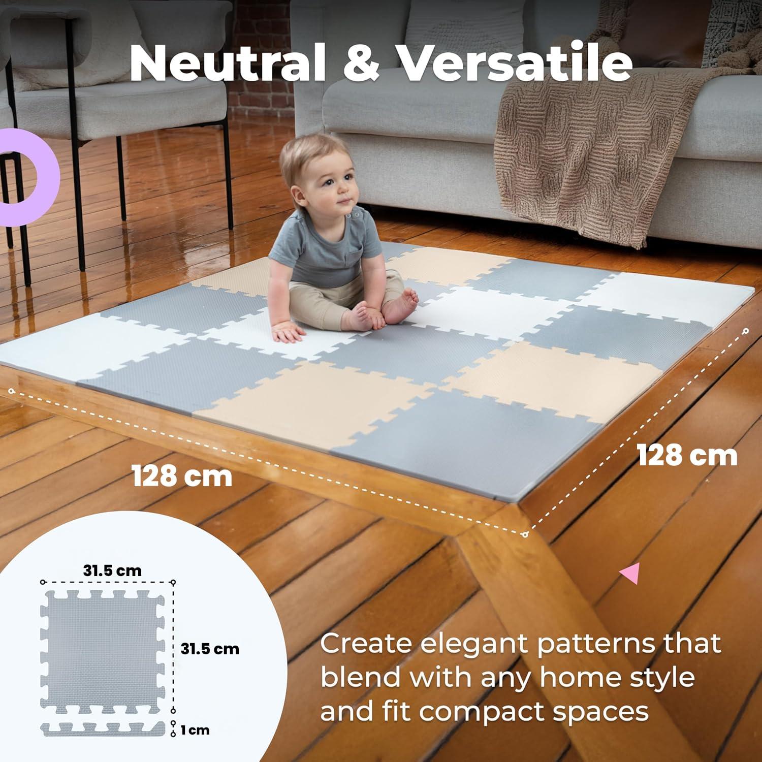 MioTetto Non-Toxic Foam Play Mat for Babies & Kids, Interlocking Puzzle Tiles, Cream-Gray-Beige, 18 Pieces – Perfect for Tummy Time, Crawling, Nursery, Playroom, or Gym