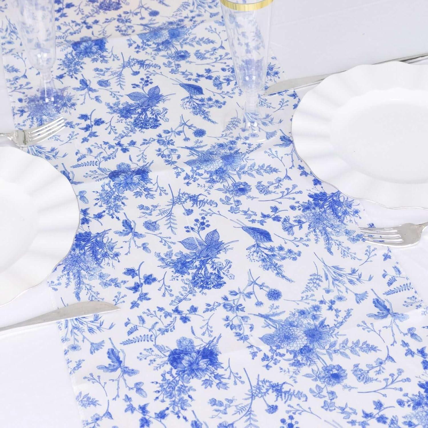 Efavormart 12"x108" White Blue Chinoiserie Floral Print Satin Table Runner