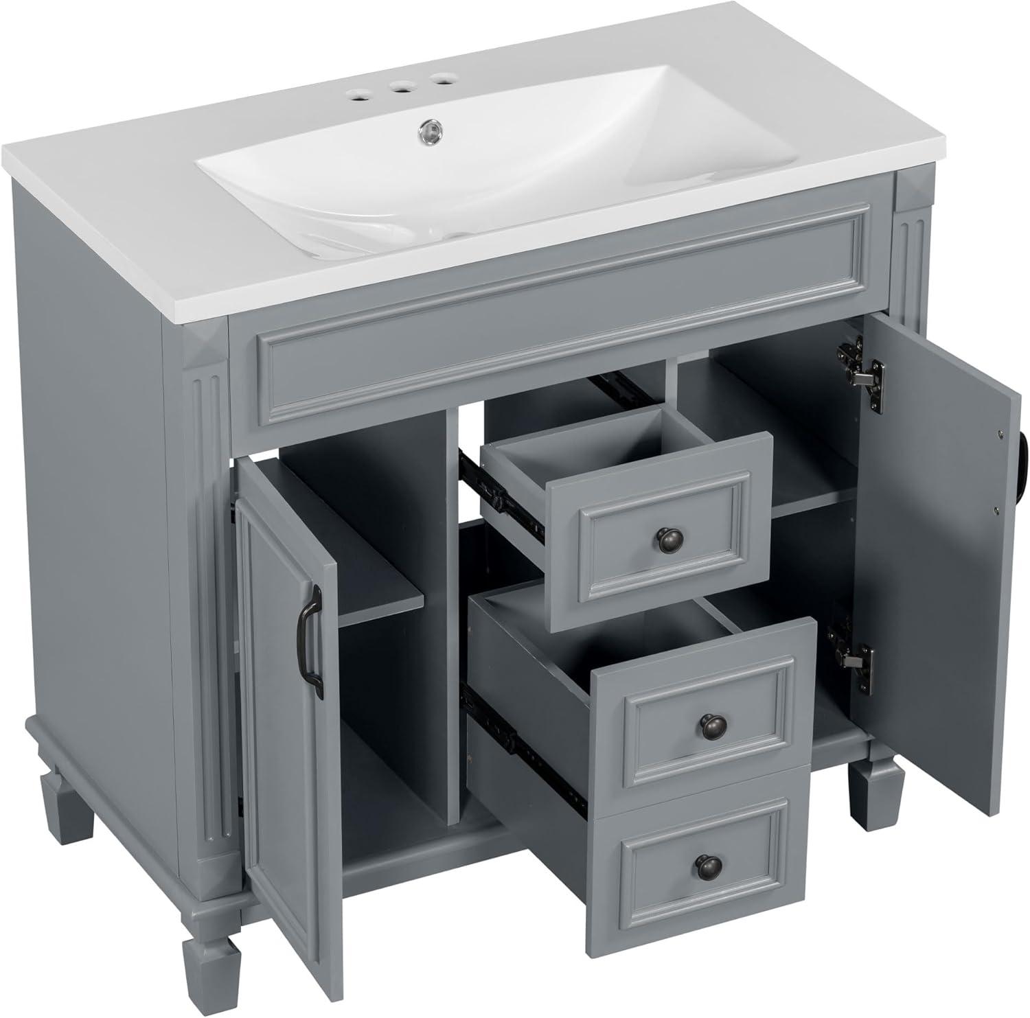 36'' Bathroom Vanity with Top Sink, 2 Soft Closing Doors & 2 Drawers, Modern  Freestanding Bathroom Storage Cabinet with Water-Resistant Paint, Grey