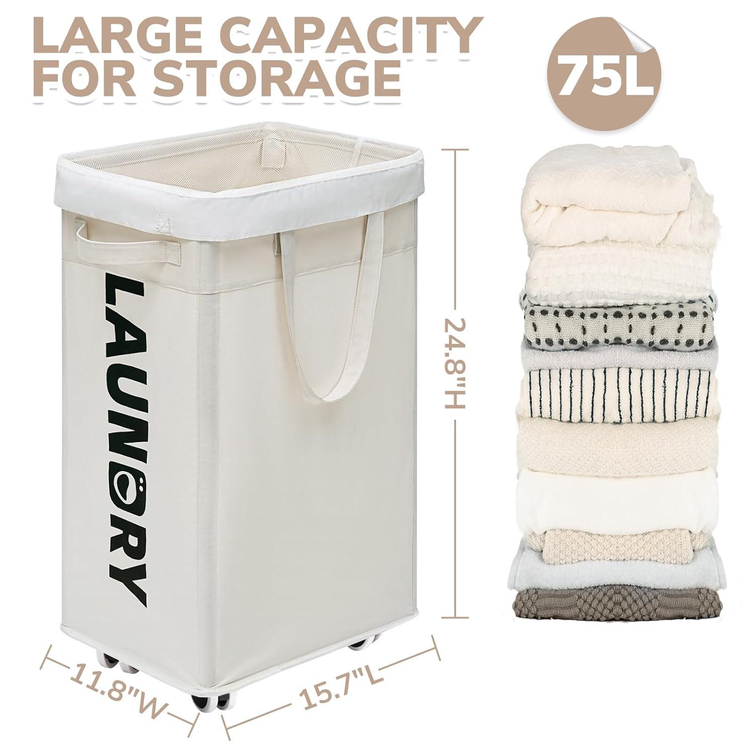 CHICVITA 2-Pack Laundry Baskets with Wheels and Handle,75L Collapsible Clothes Basket with Removable Wash Bags for Dorms and Corners, White Rolling Laundry Hamper