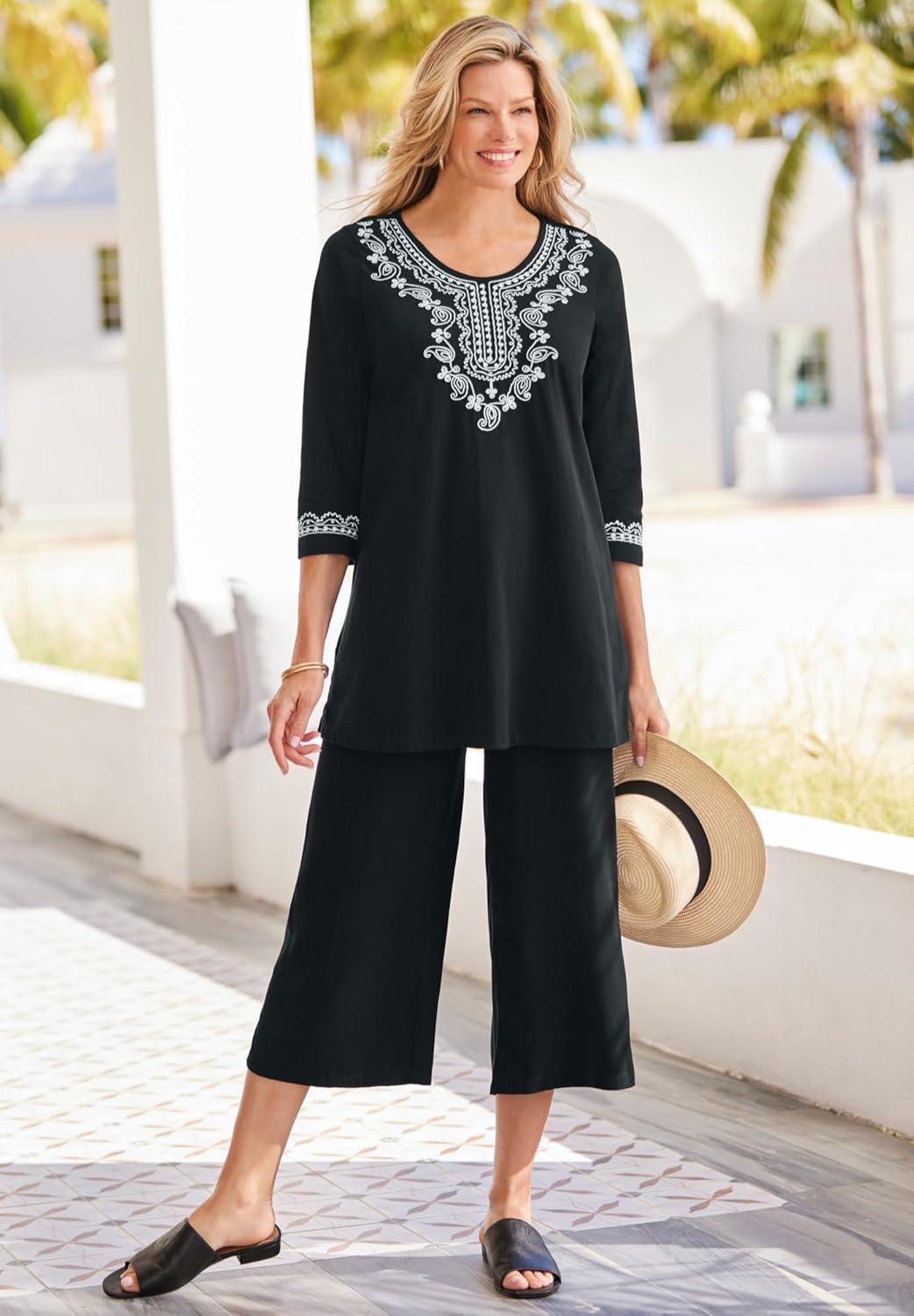 Woman Within Women's Plus Size Embroidered Knit Tunic - 18/20, Black