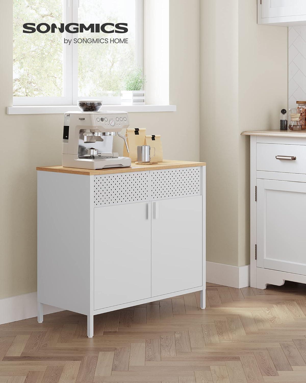 Natural and White Metal Storage Cabinet with Adjustable Shelf