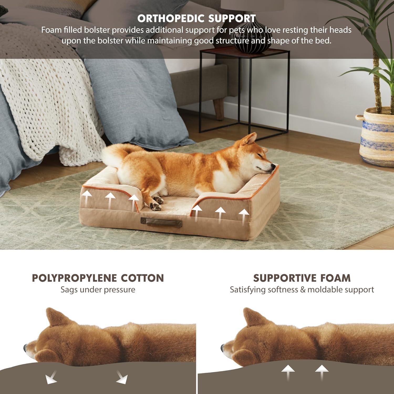 Medium Khaki Orthopedic Waterproof Dog Bed with Bolster