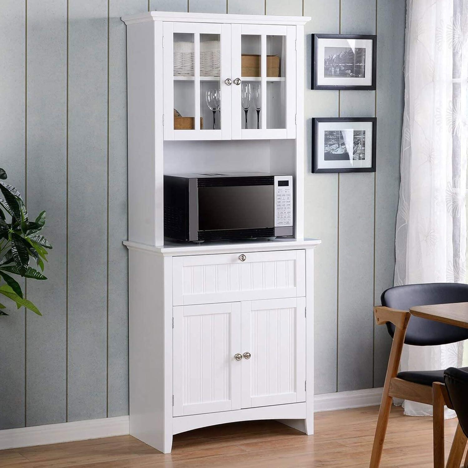 White Wood and Glass China Cabinet with Adjustable Shelves