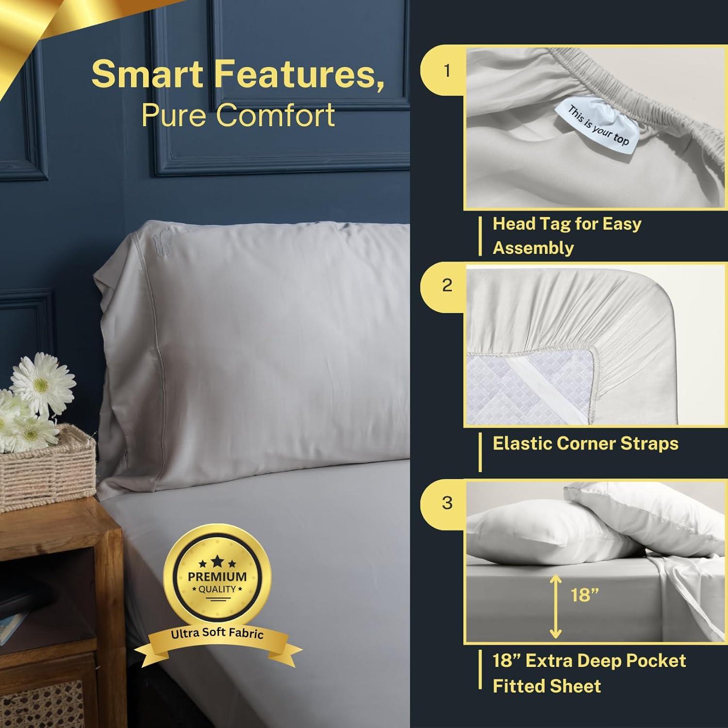 100% Austrian Eucalyptus Queen Bed Sheets, 18 Inch Deep Pocket Queen Sheets, Cooling Sheets with Elastic Corner Straps, Eucalyptus Silk Tencel Lyocell (Cool Grey, 4PC Queen)