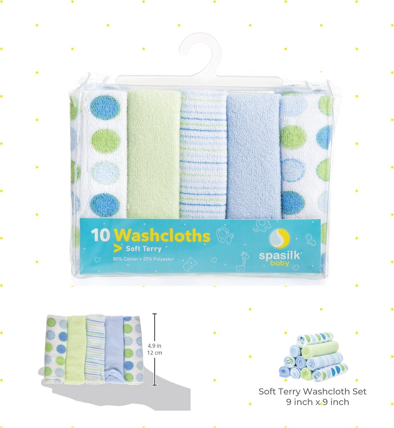 Spasilk Baby Washcloth Wipes Set for Infant Boys and Girls, Terry Bath Scrub, Pack of 10, Blue Dots