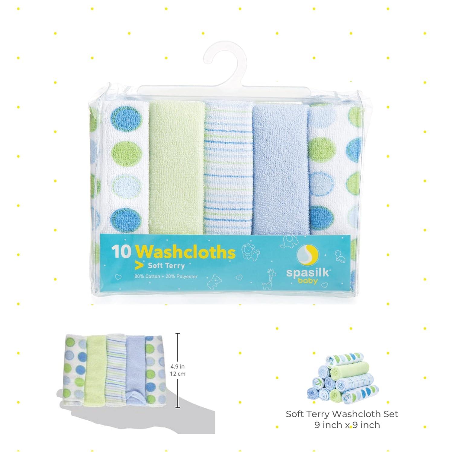 Spasilk Baby Washcloth Wipes Set for Infant Boys and Girls, Terry Bath Scrub, Pack of 10, Blue Dots