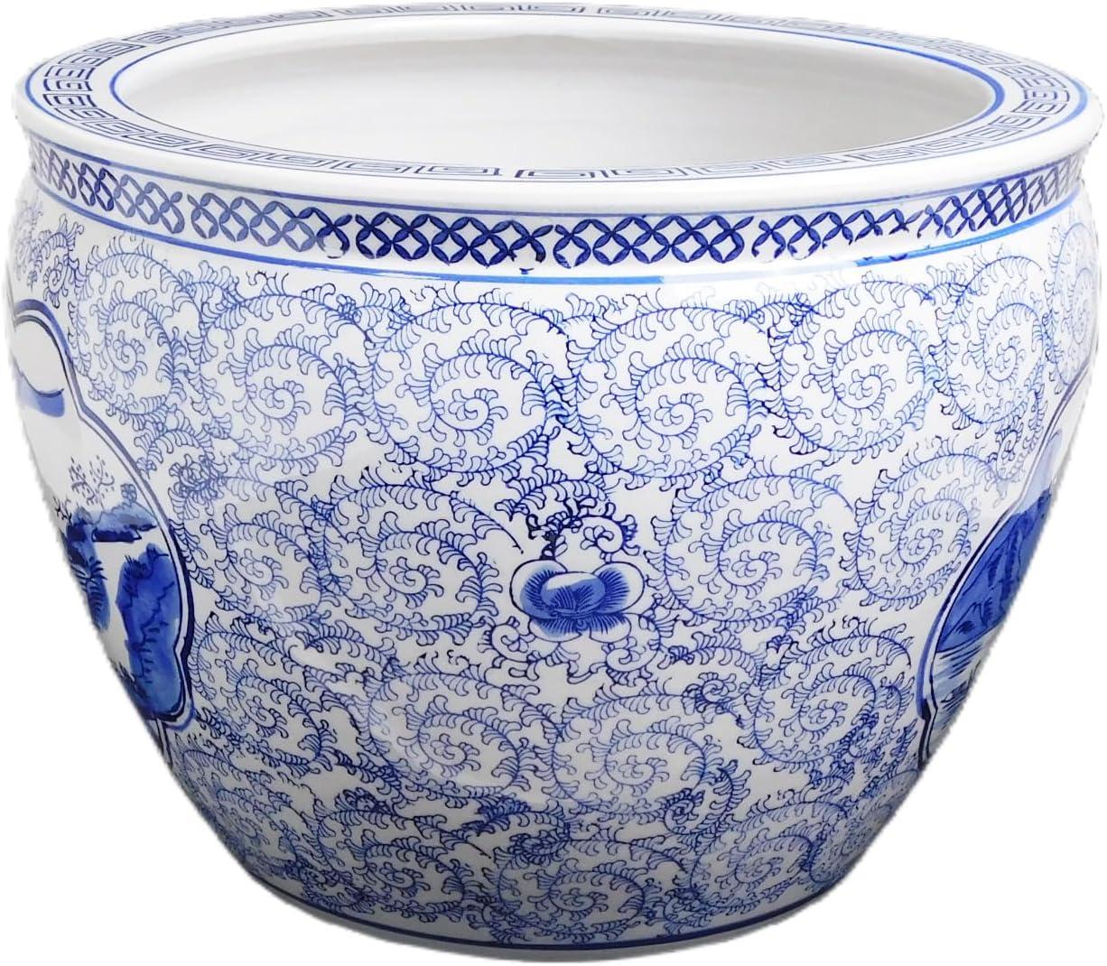 Blue and White Porcelain Garden Pots Painted Landscape (10" W x 8" H | Inside Rim 8" | Base 6.5")