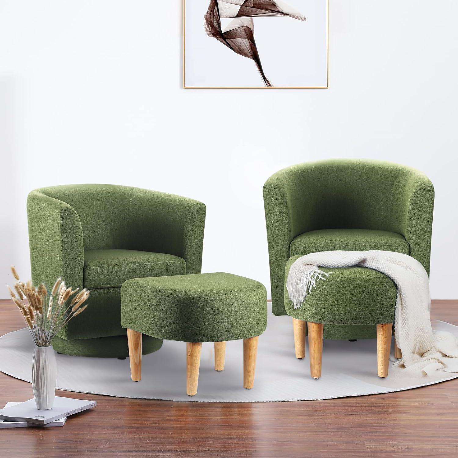 Green Velvet Barrel Swivel Accent Chair with Ottoman