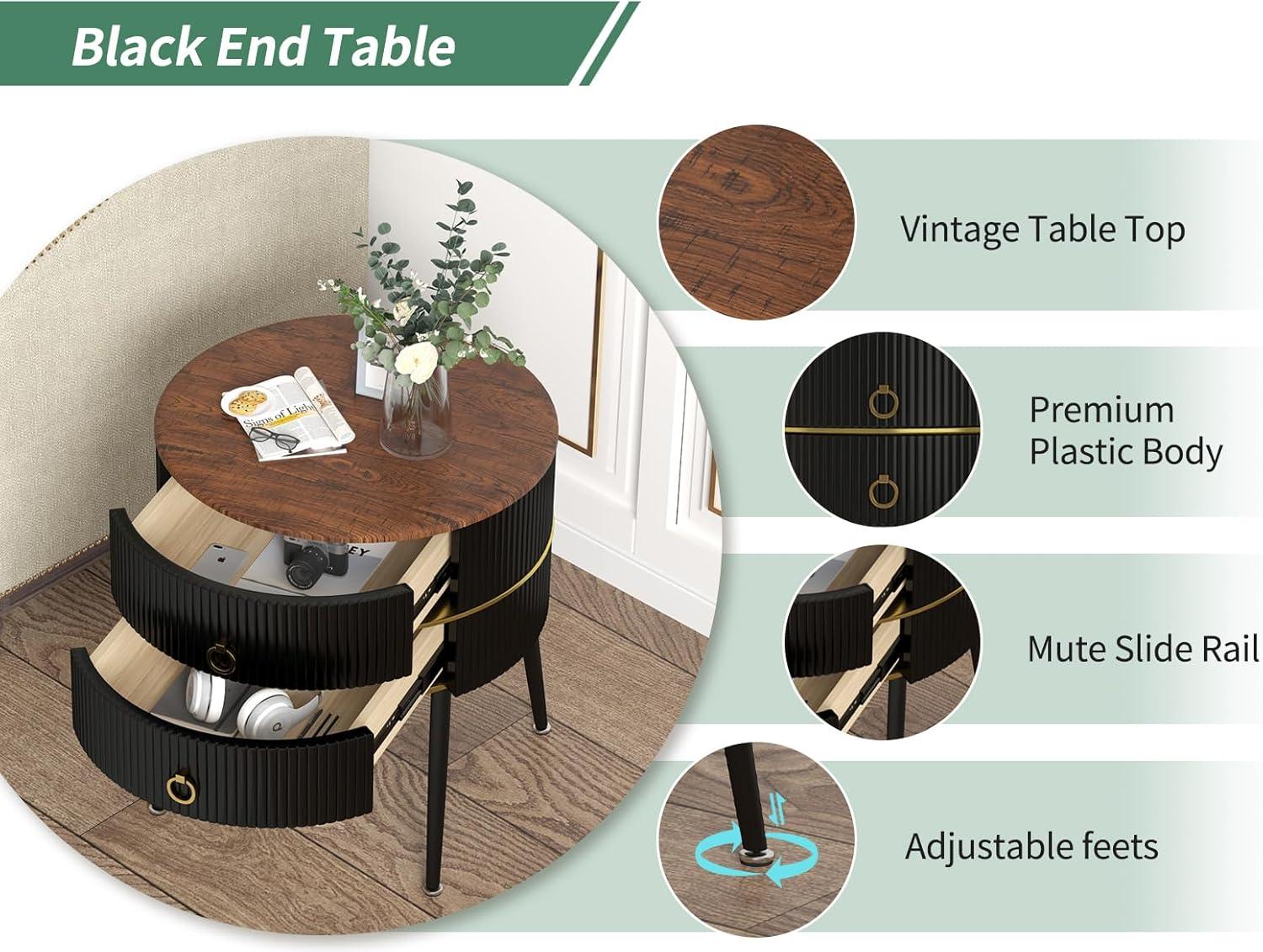 Black and Brown Round Wood Metal Side Table with Storage