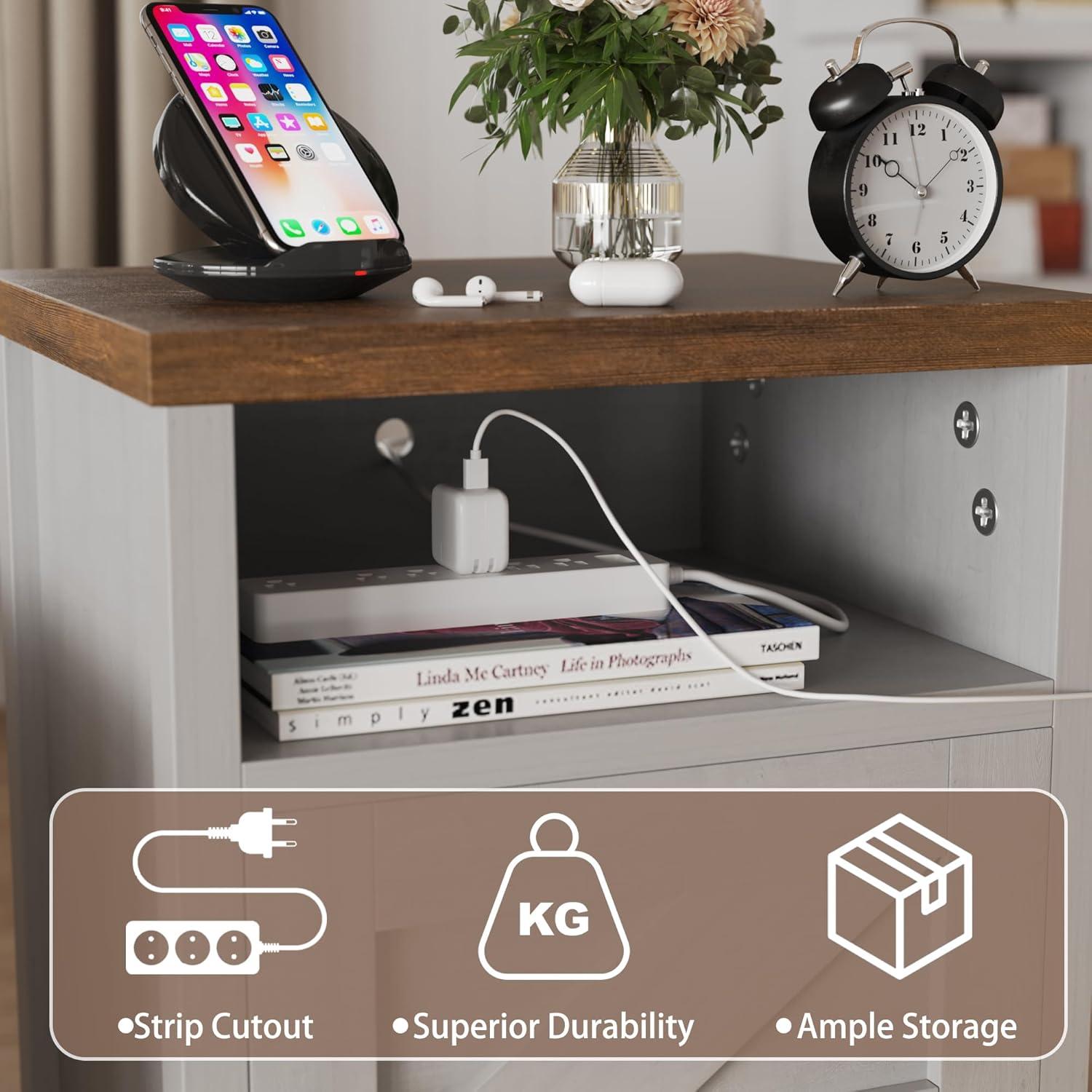 Farmhouse Nightstand, Modern Bedside Table Set of 2 with Barn Door and Shelf, Rustic End Table Side Table for Bedroom, Living Room (White)