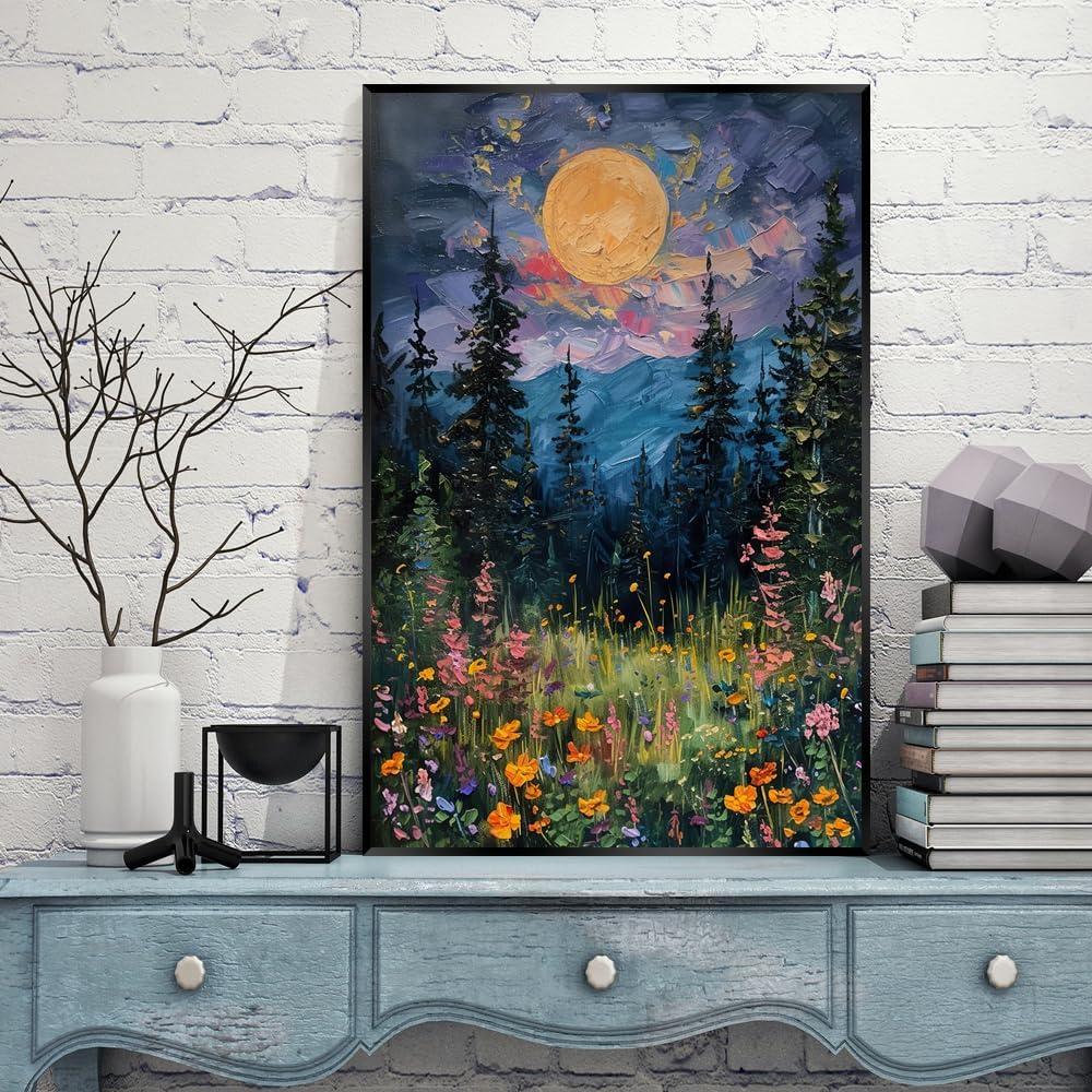 SFAOHPR Mystical Moon and Wildflowers Canvas Wall art Nature Flowers Oil Painting posters for room aesthetic Room Aesthetics Posters for Bedroom living room Home Decor ﻿12x16inch Unframed