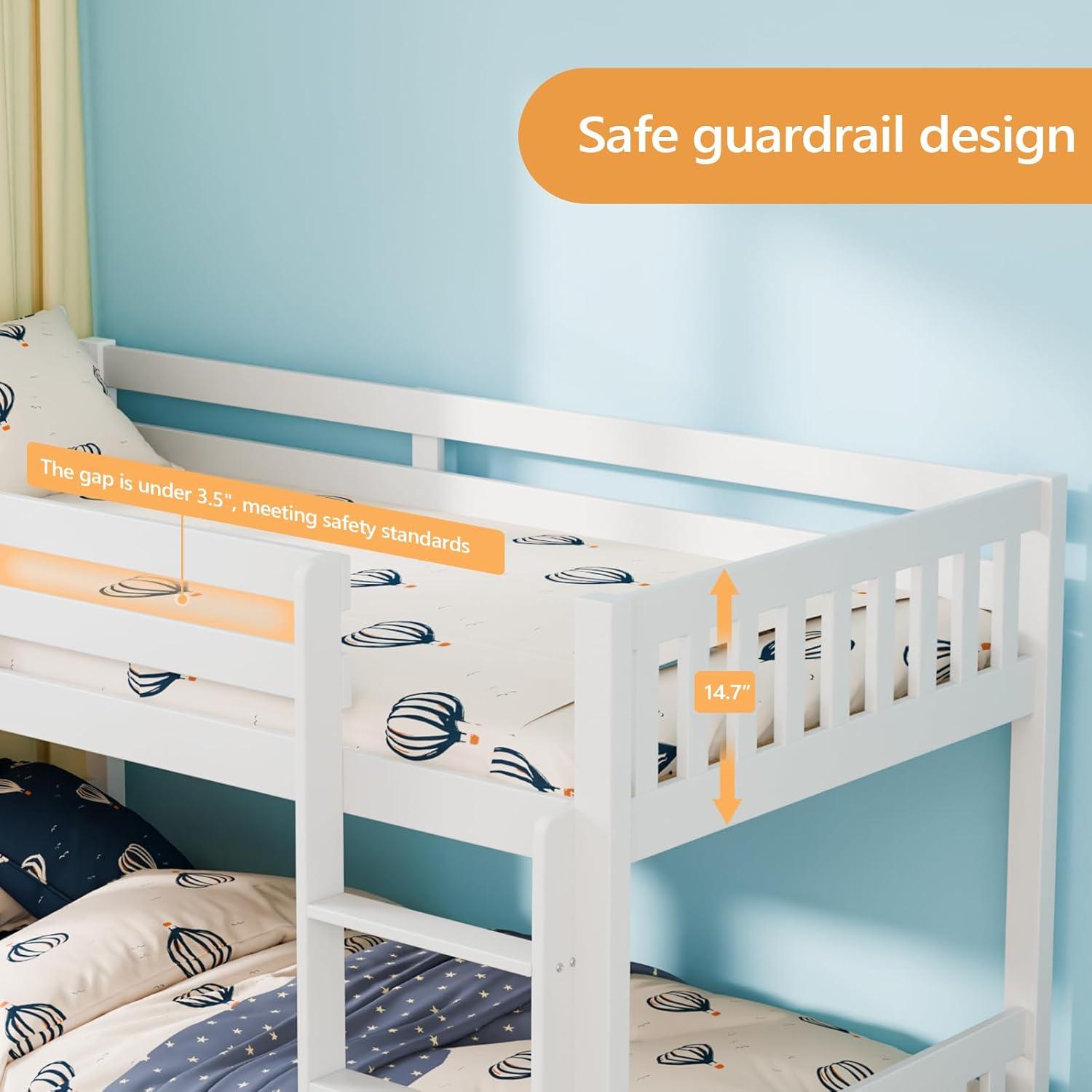 JOYMOR Wood Low Twin Over Twin Bunk Bed for Kids/Toddlers/Junior, Bunk Bed Frame with Guardrails & Ladder for Boys Girls, No Box Spring Needed, White