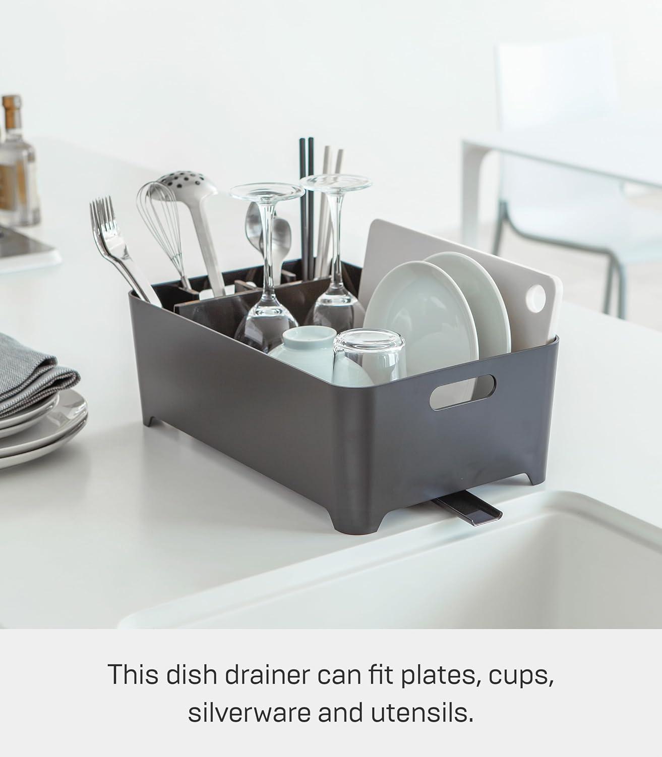 Yamazaki Home Tower Yamazaki Home Dish Drying Rack with Drainage Spout, 1.25 gallon, Utensil Holder, Handles