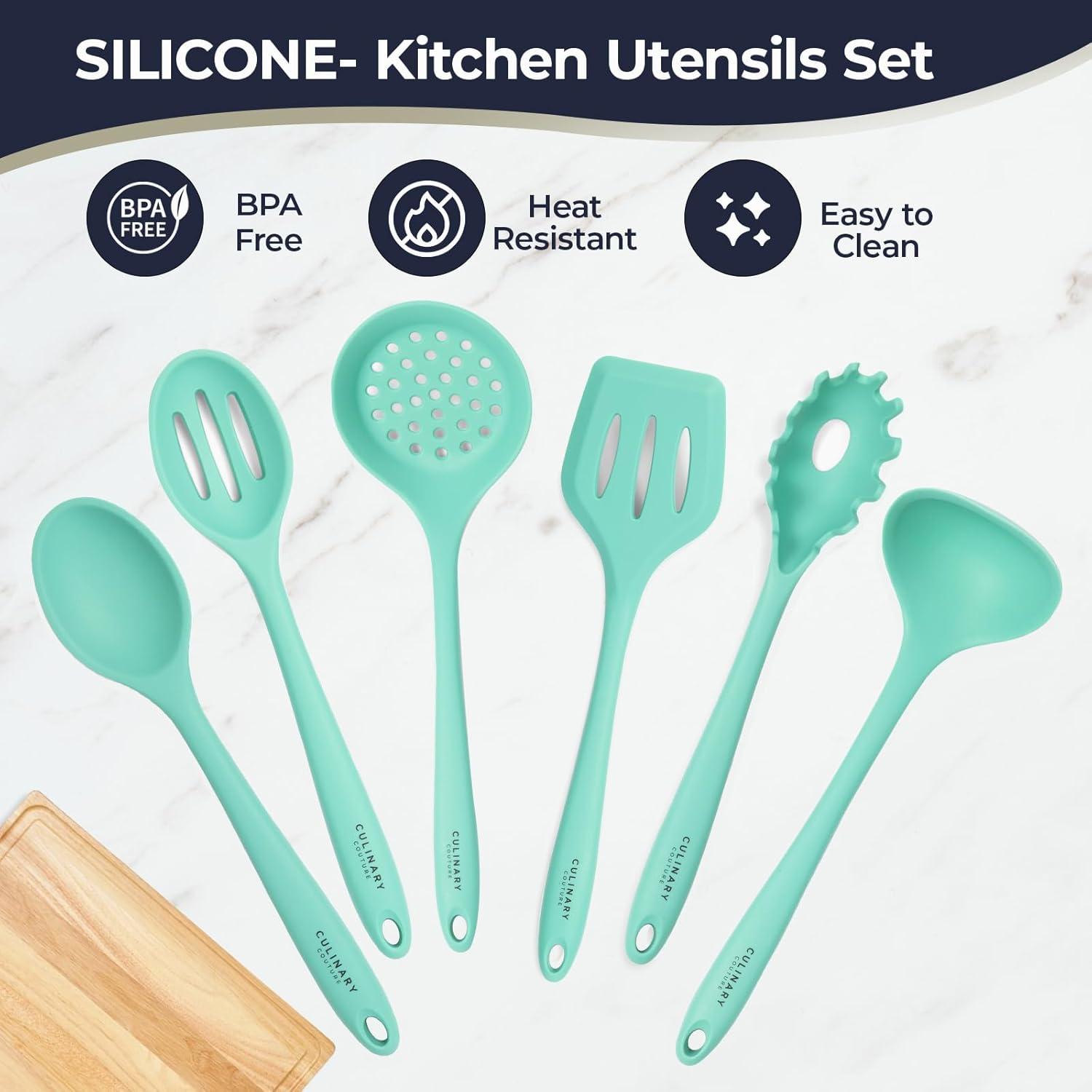 Aqua Sky Silicone Cooking Utensils Set - Nonstick Kitchen Utensil Kit with Steel Core - Complete Set of 6 Essential Tools for Everyday Cooking - Heat-Resistant, Food-Grade Silicone - Protects Your Coo